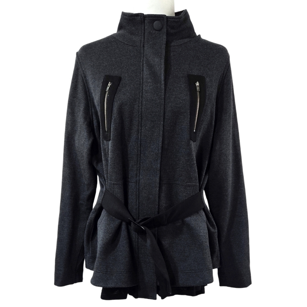 Cabi 3184 Love Carol Modern Mesh Gray Ponte Self Tie Zip Jacket Layered Look